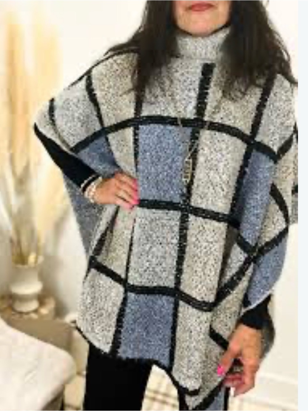 Papa Vancouver Cozy Grey & Blue Window Pane Boucle Women's Sweater Poncho
